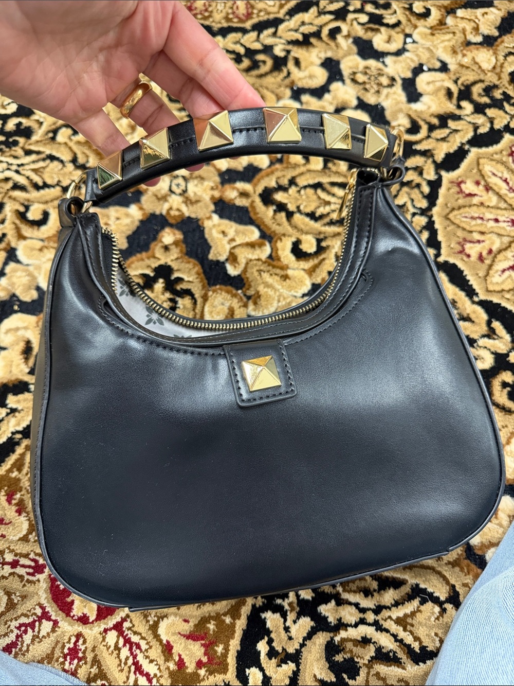 BCBGeneration Black Leather Shoulder Bag with Gold Pyramid Studs
